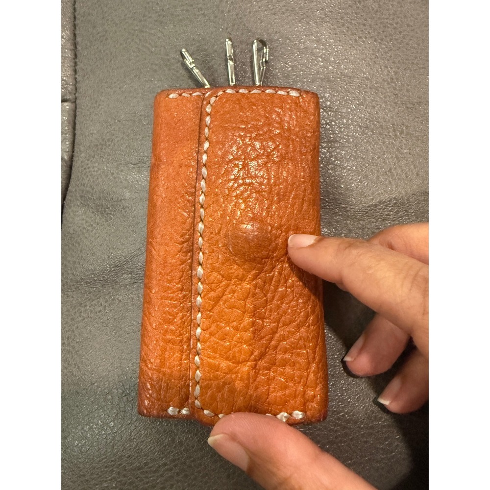 Handmade‎ Burnt Orange Pebbled Leather Tri-Fold Key Case with 3 Hooks & Snap
